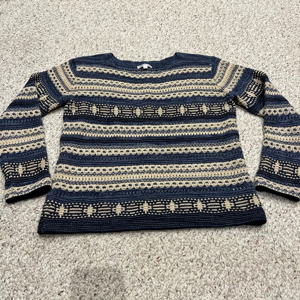 Orvis Linen Blend Open Knit Sweater Sz L Blue Cream Coastal Artsy Lightweight